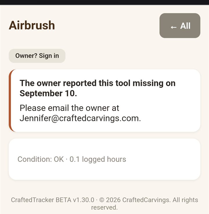 A phone showing a tool's page with a box at the top: The owner reported this tool missing on September 10. Please email the owner at the address shown.