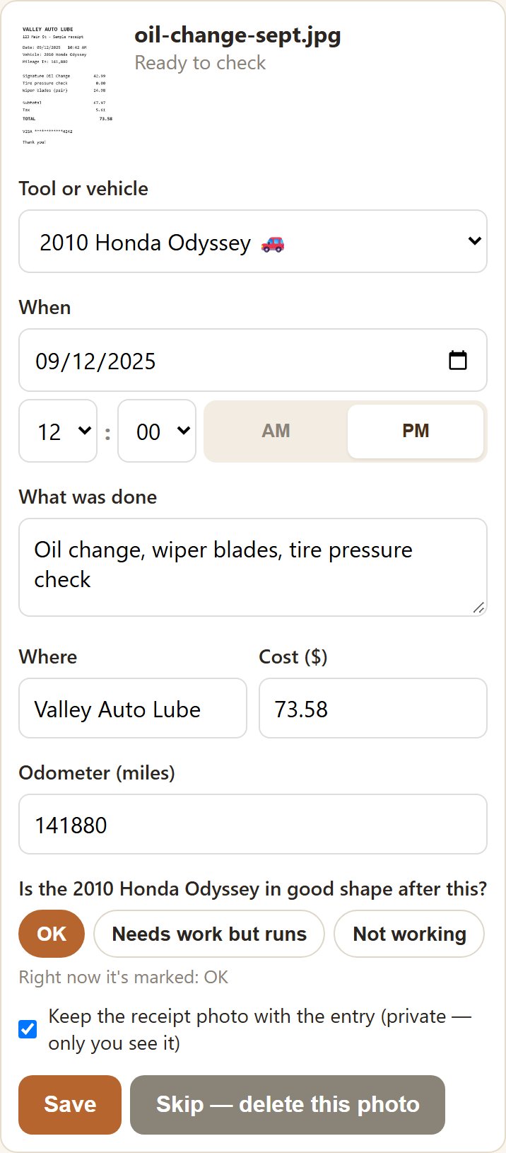 The receipt's card in CraftedTracker: the vehicle chosen, the date 09/12/2025, the note, Valley Auto Lube, $73.58, odometer 141880, and a question — is it in good shape after this? — with OK picked.