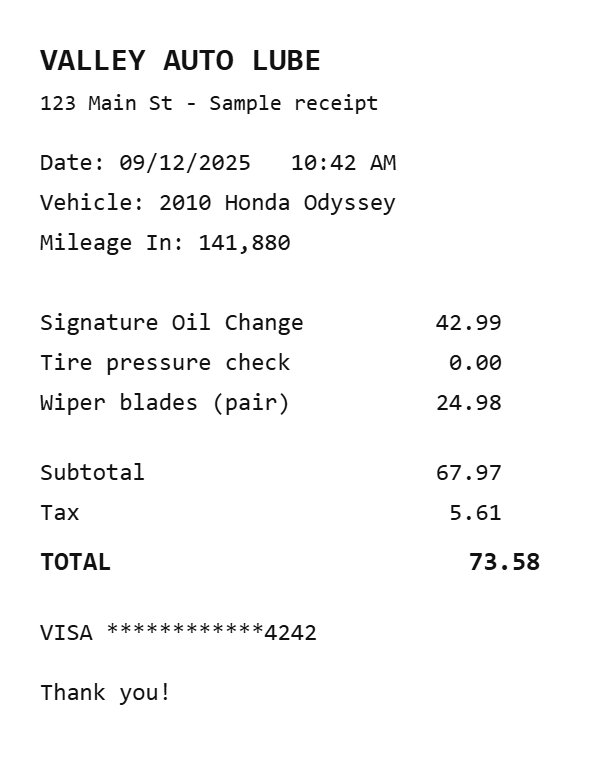A sample oil-change receipt from Valley Auto Lube dated 09/12/2025, mileage in 141,880, total $73.58.
