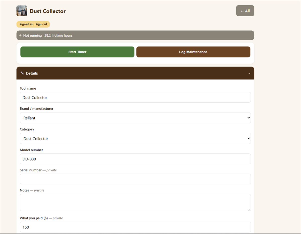 The tool's details page in CraftedTracker: name, brand, category, model number, and the serial number and purchase price fields marked private